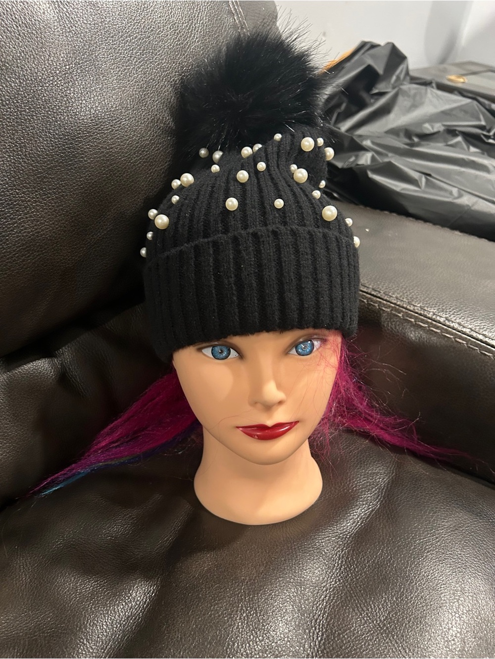 Compliments Black Pearl-Embellished Pom Pom Beanie - Women